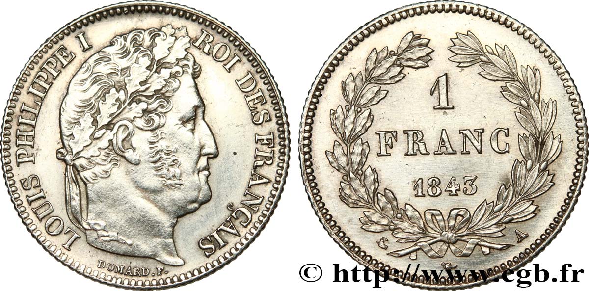 1 franc Louis-Philippe, couronne de chêne 1843 Paris F.210/90 SPL61 