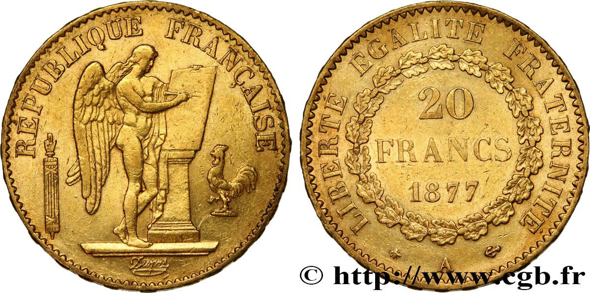 20 francs or Génie, IIIe République 1877 Paris F.533/5 MBC48 