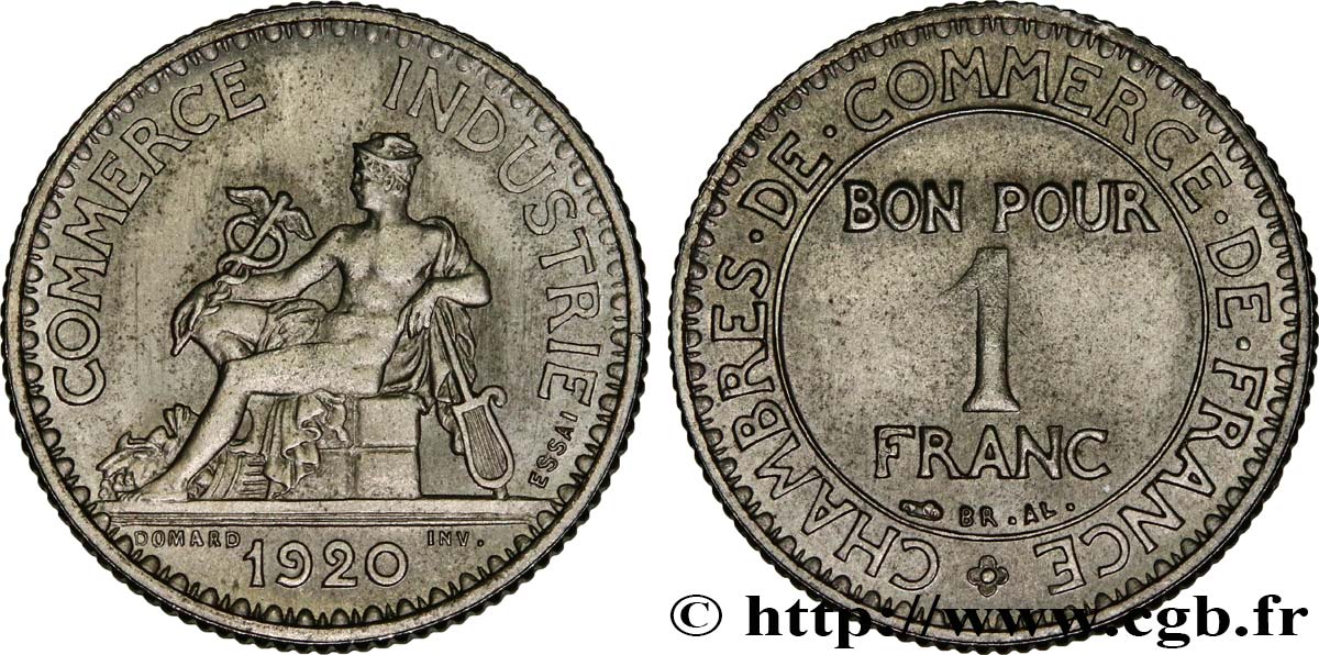 Essai de 1 franc Chambres de Commerce en nickel 1920 Paris GEM.95 7 SPL62 