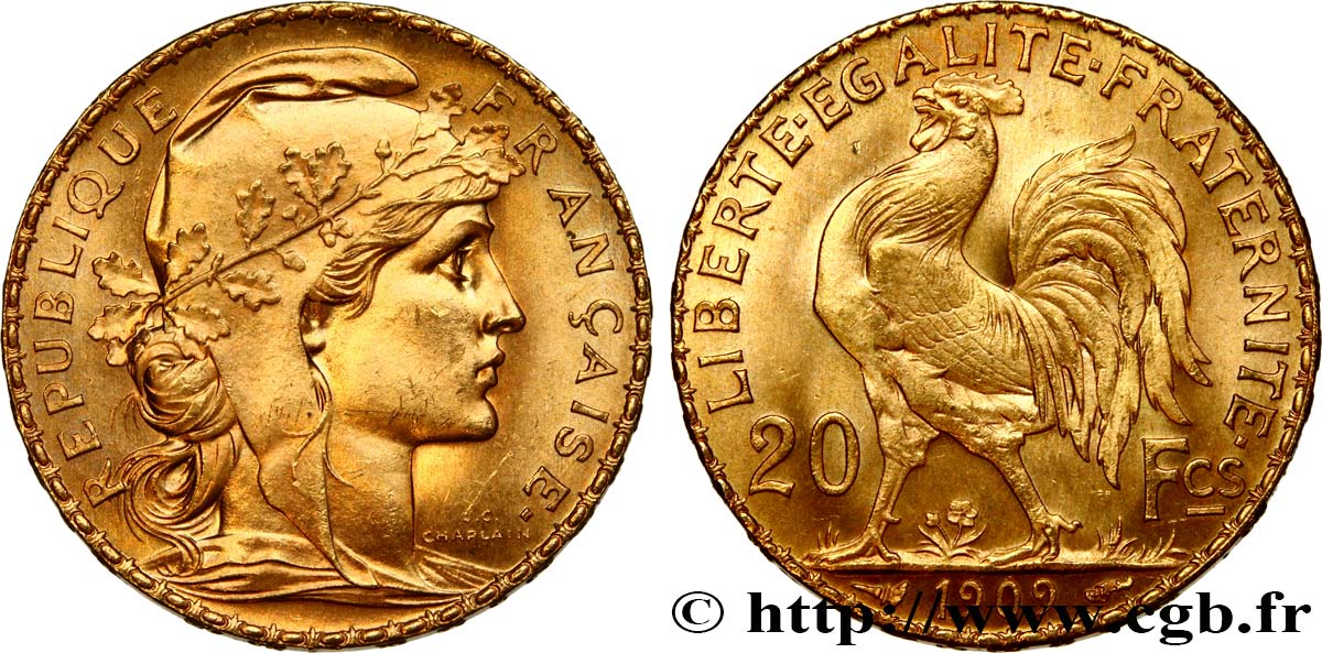 20 francs or Coq, Liberté Égalité Fraternité 1909 Paris F.535/3 fST 