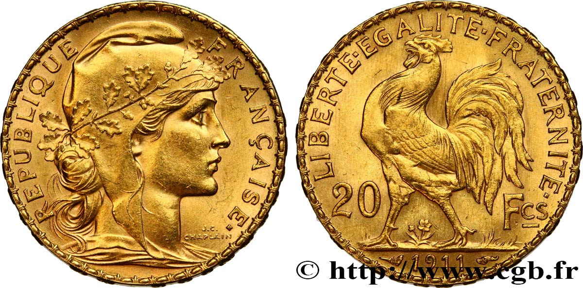 20 francs or Coq, Liberté Égalité Fraternité 1911  F.535/5 SUP+ 