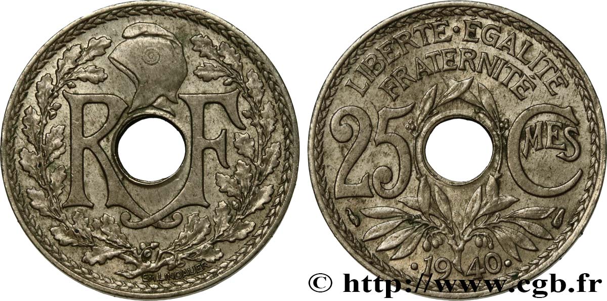 25 centimes Lindauer, maillechort 1940  F.172/4 MBC52 