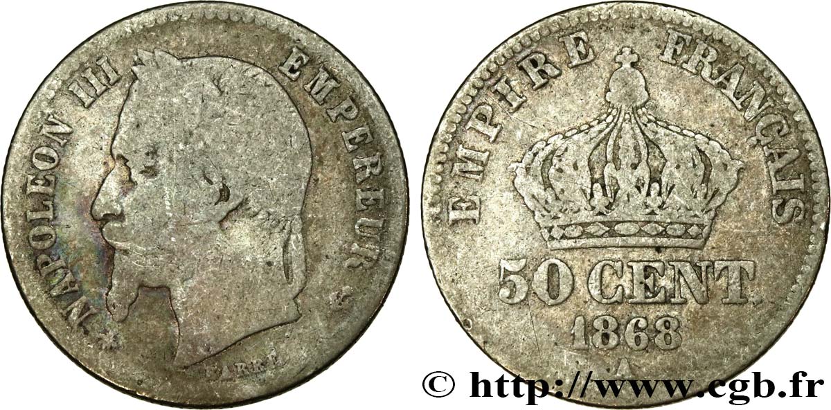 50 centimes Napoléon III, tête laurée 1868 Paris F.188/20 B 