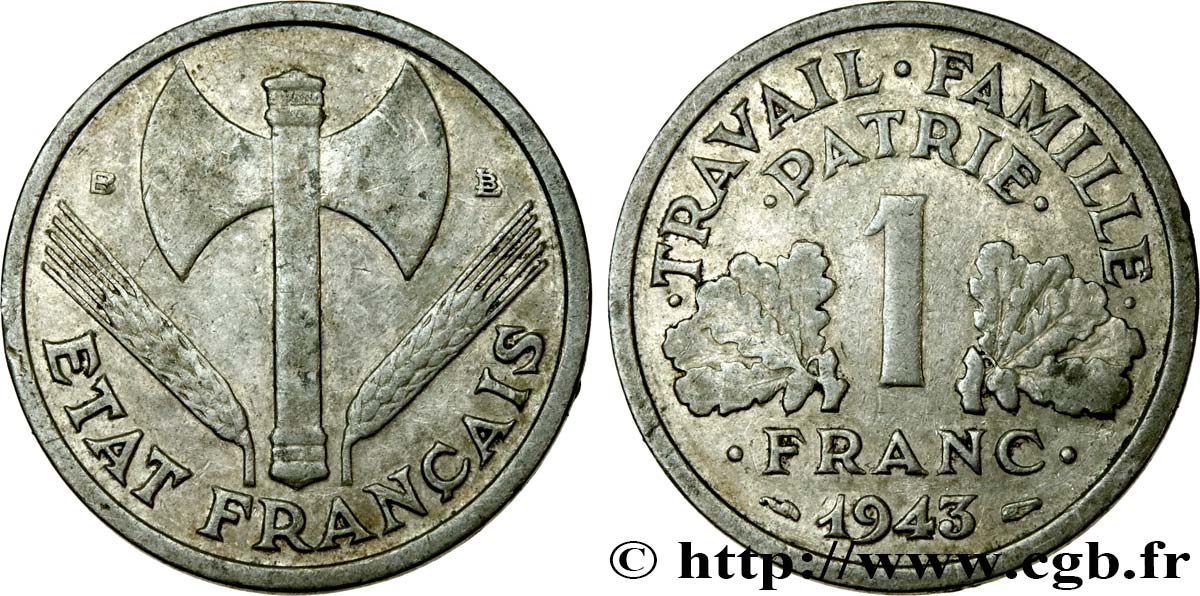 1 franc Francisque, légère 1943 Beaumont-Le-Roger F.223/4 TB15 