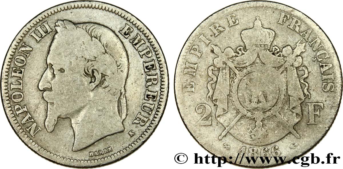 2 francs Napoléon III, tête laurée 1866 Bordeaux F.263/4 SGE10 