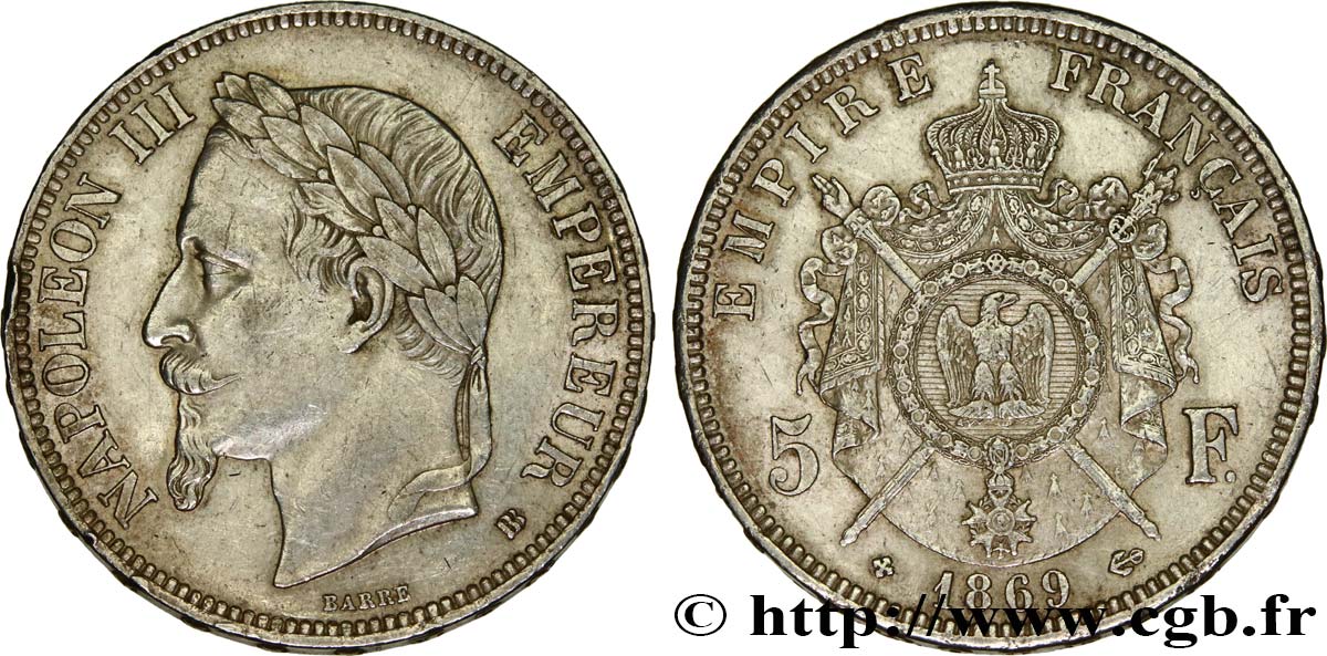 5 francs Napoléon III, tête laurée 1869 Strasbourg F.331/15 q.SPL 