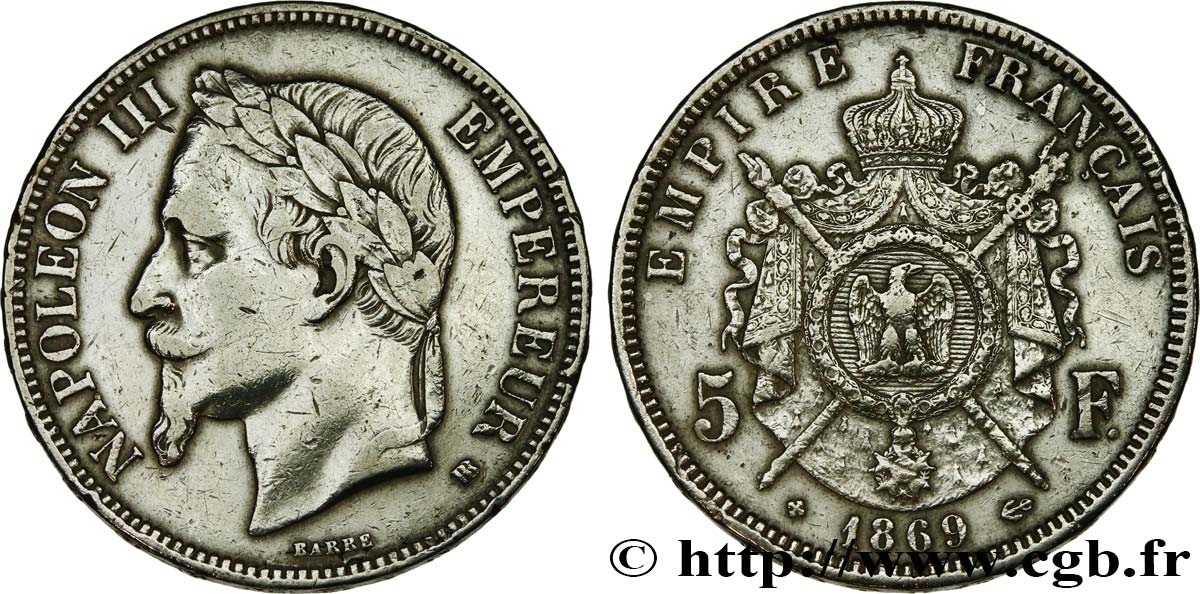 5 francs Napoléon III, tête laurée 1869 Strasbourg F.331/15 TB+ 