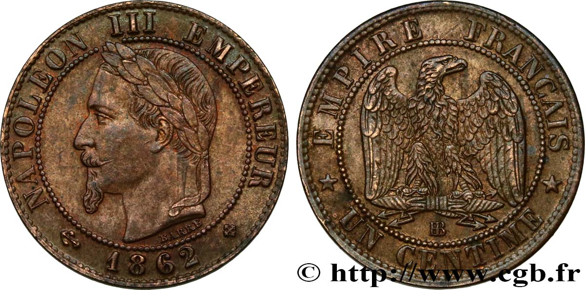 Un centime Napoléon III, tête laurée 1862 Strasbourg F.103/5 EBC55 