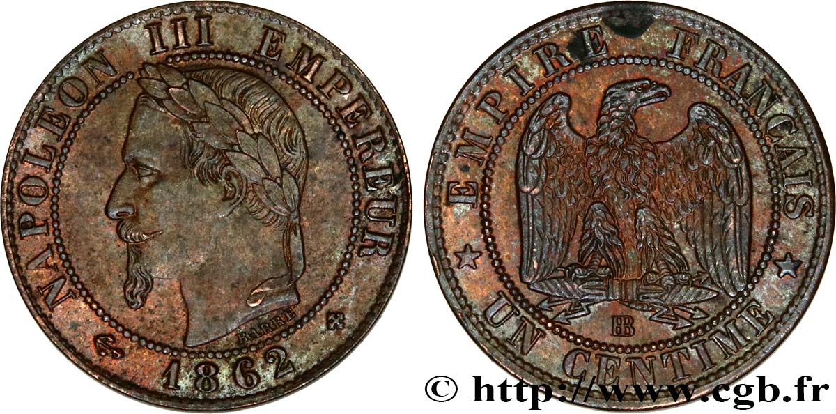 Un centime Napoléon III, tête laurée 1862 Strasbourg F.103/5 SUP 