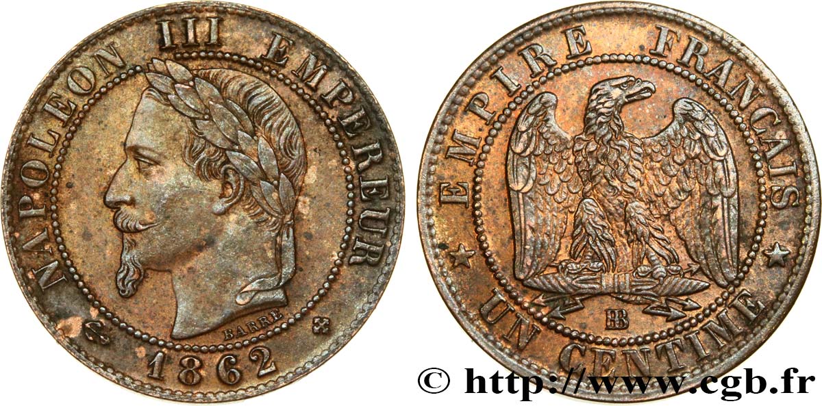 Un centime Napoléon III, tête laurée 1862 Strasbourg F.103/5 EBC58 