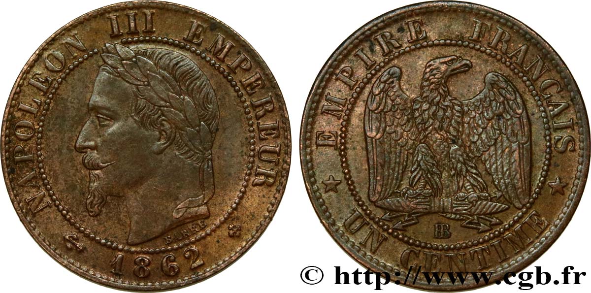 Un centime Napoléon III, tête laurée 1862 Strasbourg F.103/5 EBC55 