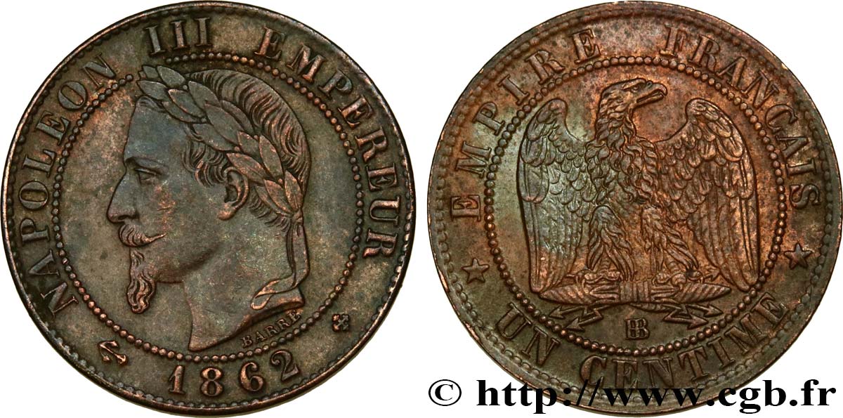 Un centime Napoléon III, tête laurée 1862 Strasbourg F.103/5 MBC52 