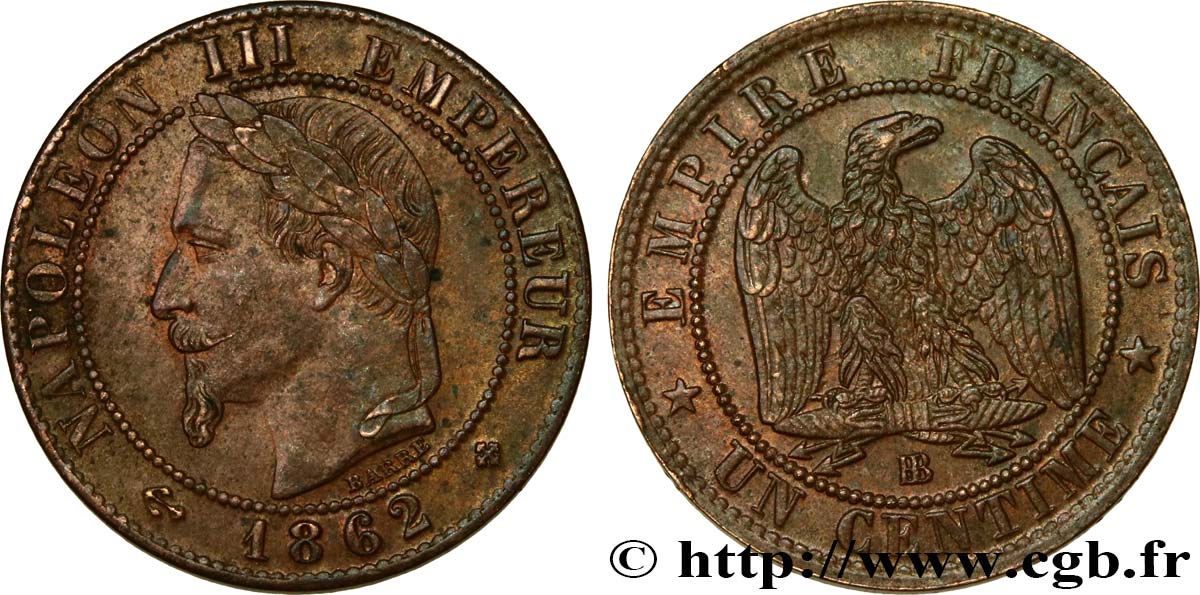 Un centime Napoléon III, tête laurée 1862 Strasbourg F.103/5 EBC58 