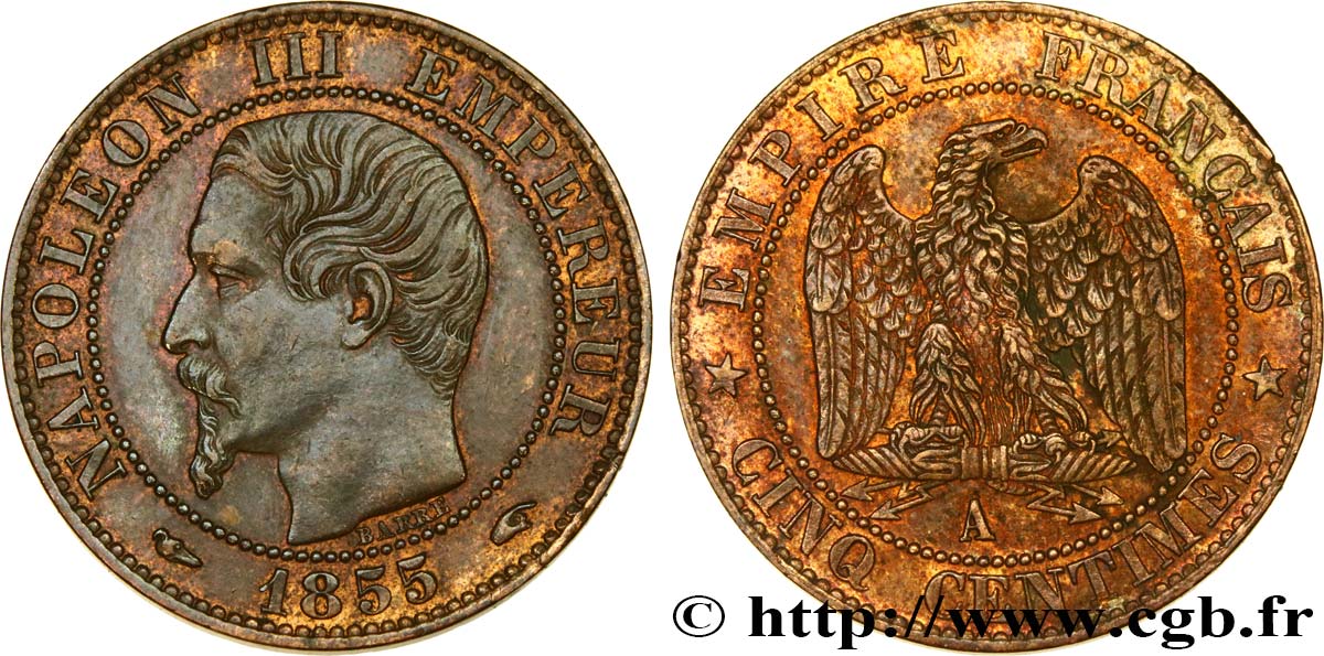 Cinq centimes Napoléon III, tête nue 1855 Paris F.116/16 EBC55 