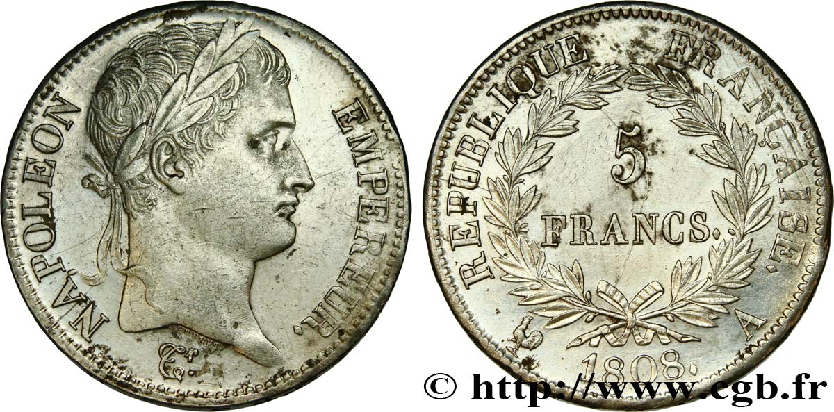 5 francs Napoléon Empereur, République française 1808 Paris F.306/2 EBC 