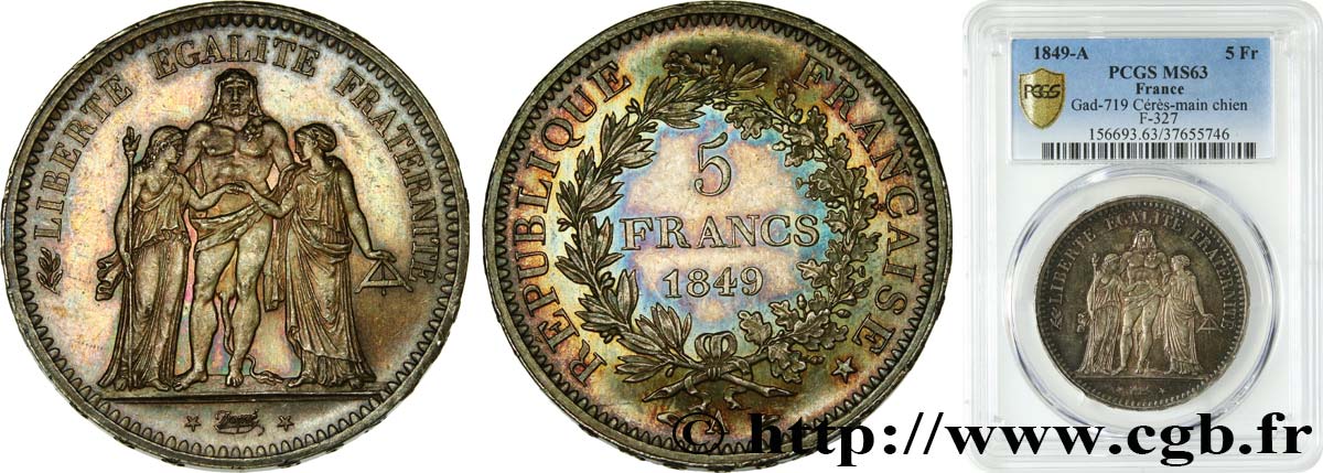 5 francs Hercule, IIe République 1849 Paris F.326/5 SC63 PCGS