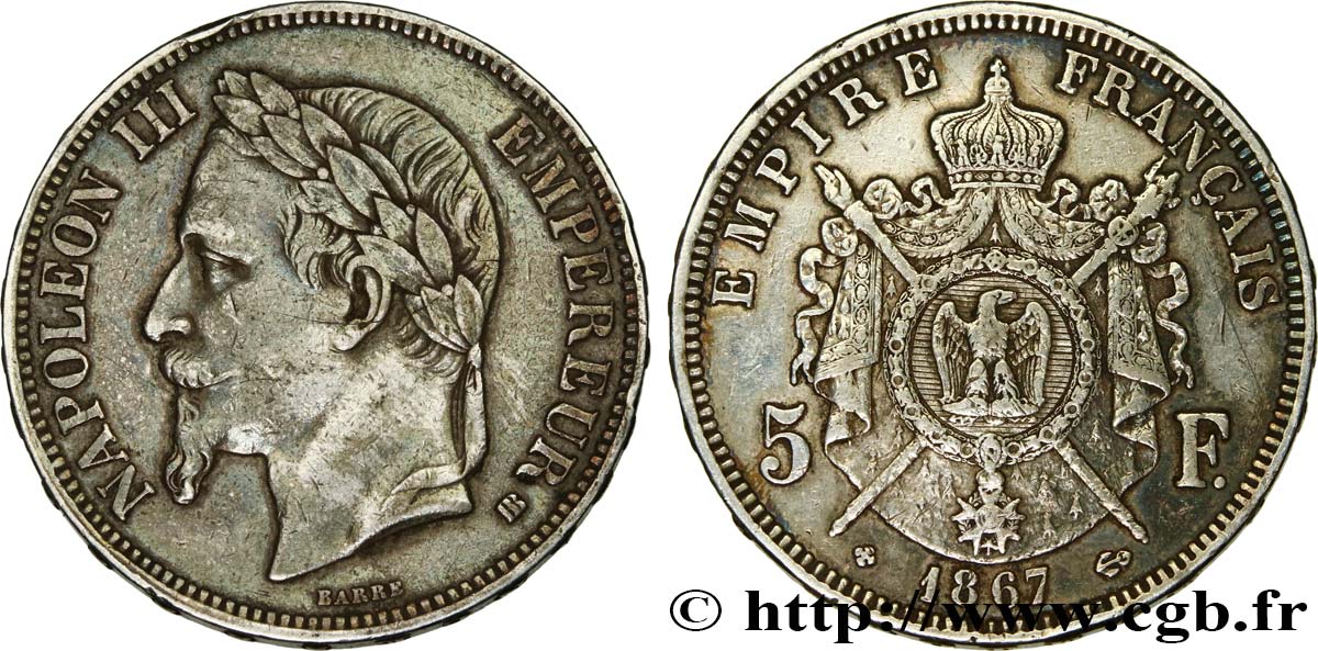 5 francs Napoléon III, tête laurée 1867 Strasbourg F.331/11 MBC40 