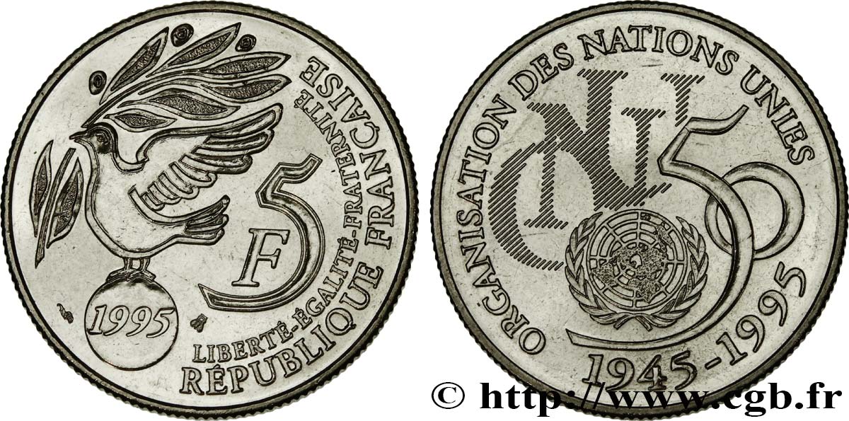 5 francs Cinquantenaire de l’ONU 1995 Pessac F.345/1 MS63 