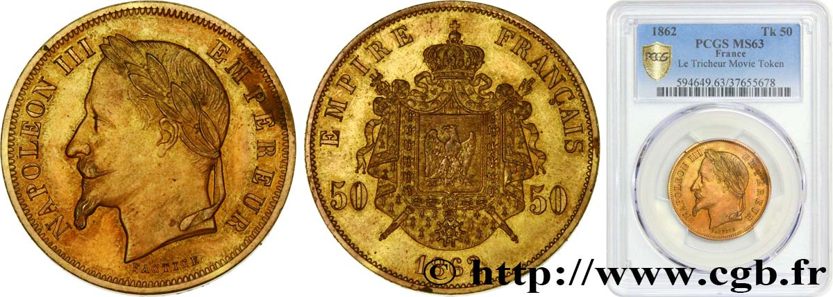 50 francs Napoléon III, tête laurée, FACTICE pour le Film “Le Tricheur” 1862   MS63 PCGS