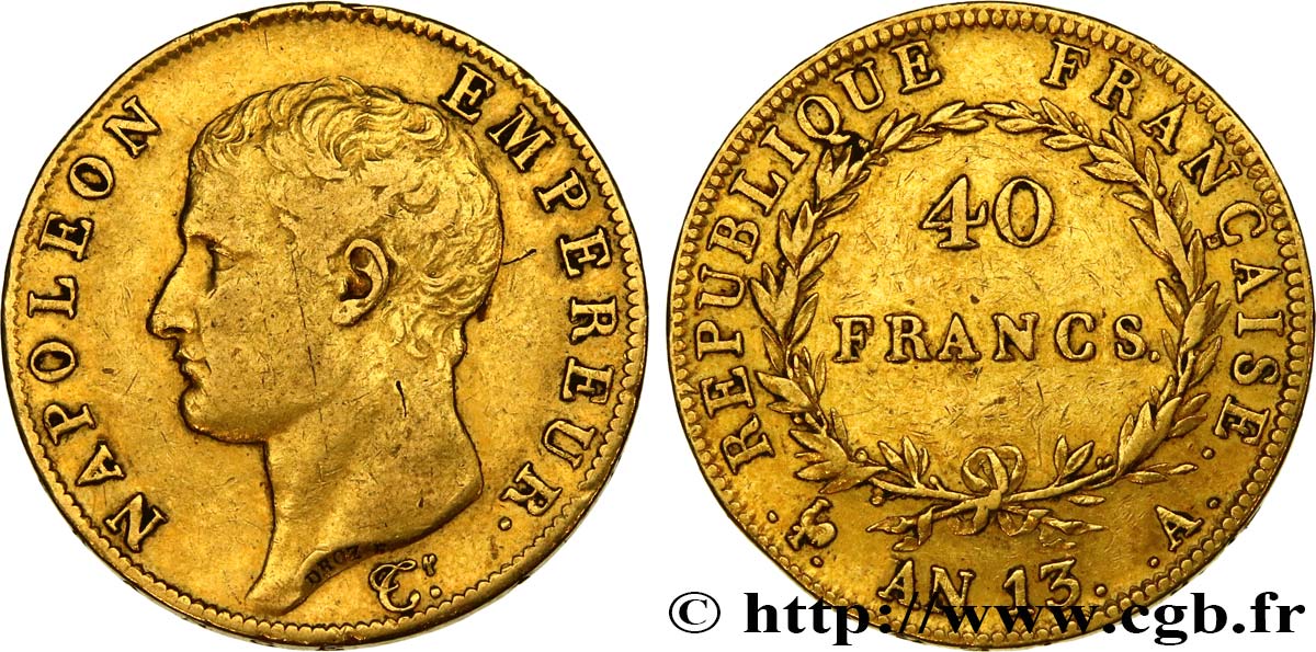 40 francs or Napoléon tête nue, Calendrier révolutionnaire 1805 Paris F.537/1 q.BB 