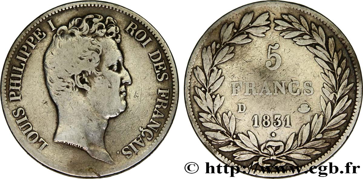 5 francs type Tiolier avec le I, tranche en creux 1831 Lyon F.315/17 S 