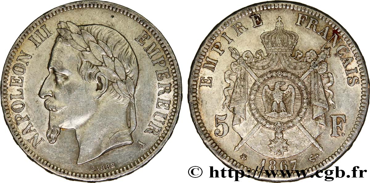 5 francs Napoléon III, tête laurée 1867 Paris F.331/10 fVZ 