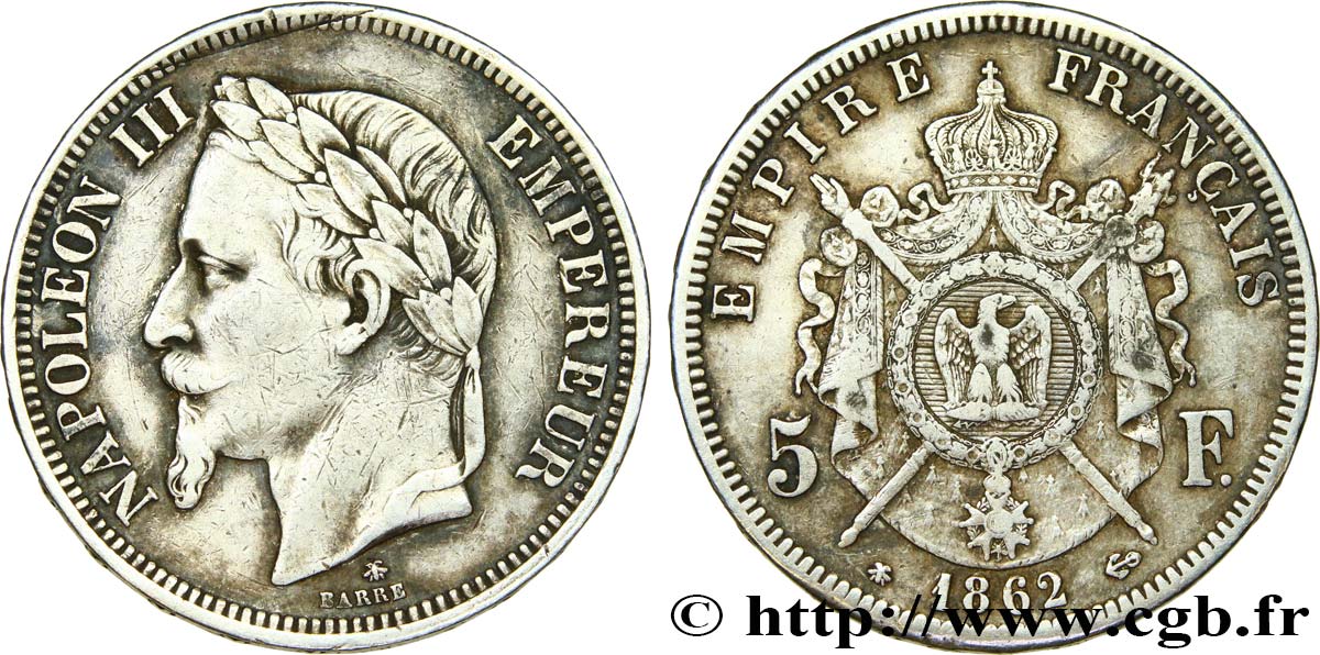 5 francs Napoléon III, tête laurée 1862 Paris F.331/4 S 