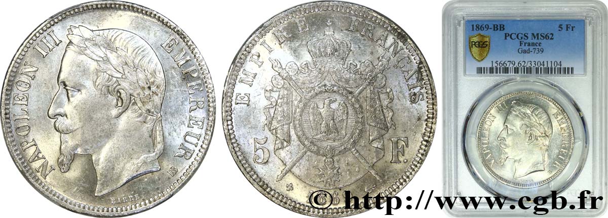 5 francs Napoléon III, tête laurée 1869 Strasbourg F.331/15 EBC62 PCGS