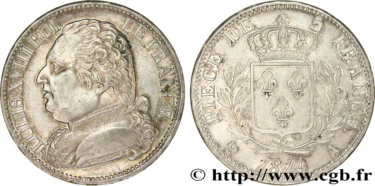 5 francs Louis XVIII, buste habillé 1814 Paris F.308/1 VZ55 