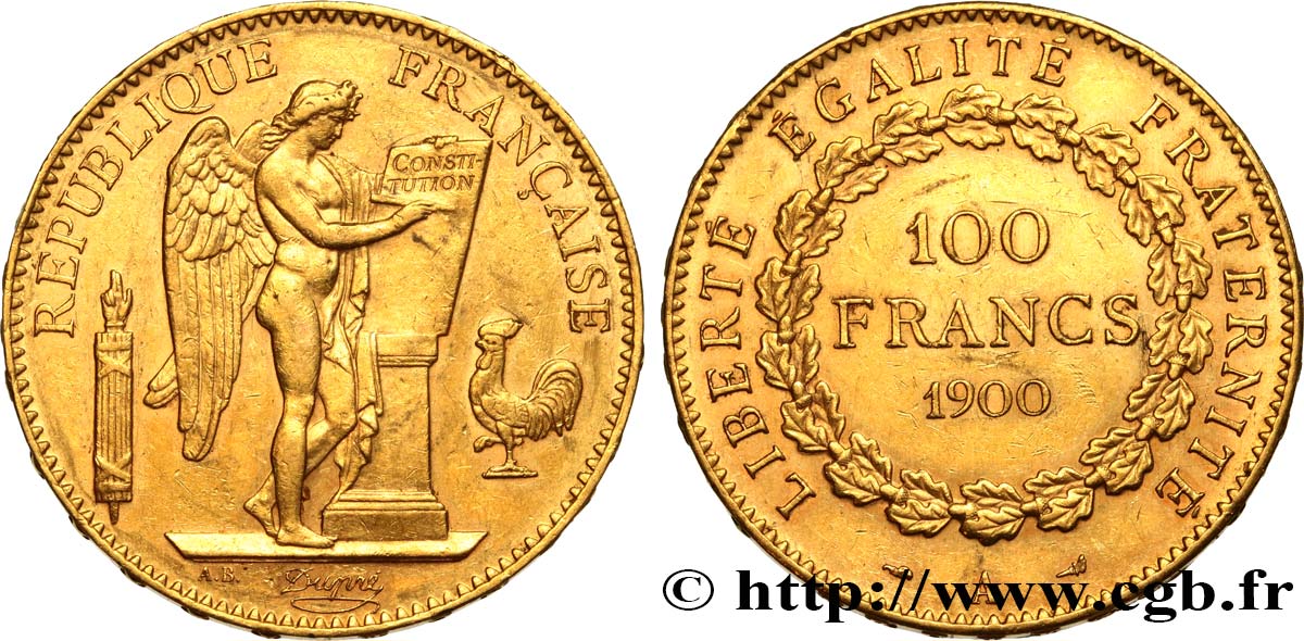 100 francs or Génie, tranche inscrite en relief Dieu protège la France 1900 Paris F.552/13 AU53 