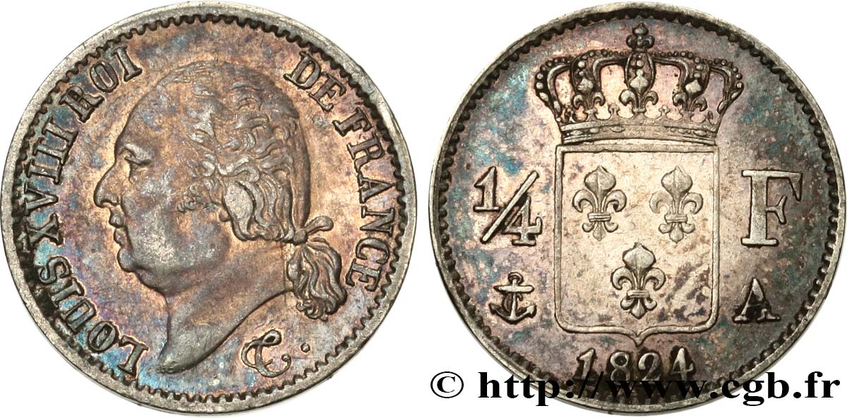 1/4 franc Louis XVIII  1824 Paris F.163/31 AU50 