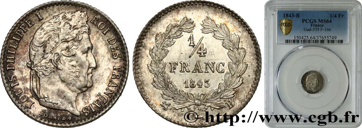 1/4 franc Louis-Philippe 1843 Rouen F.166/94 SPL64 PCGS