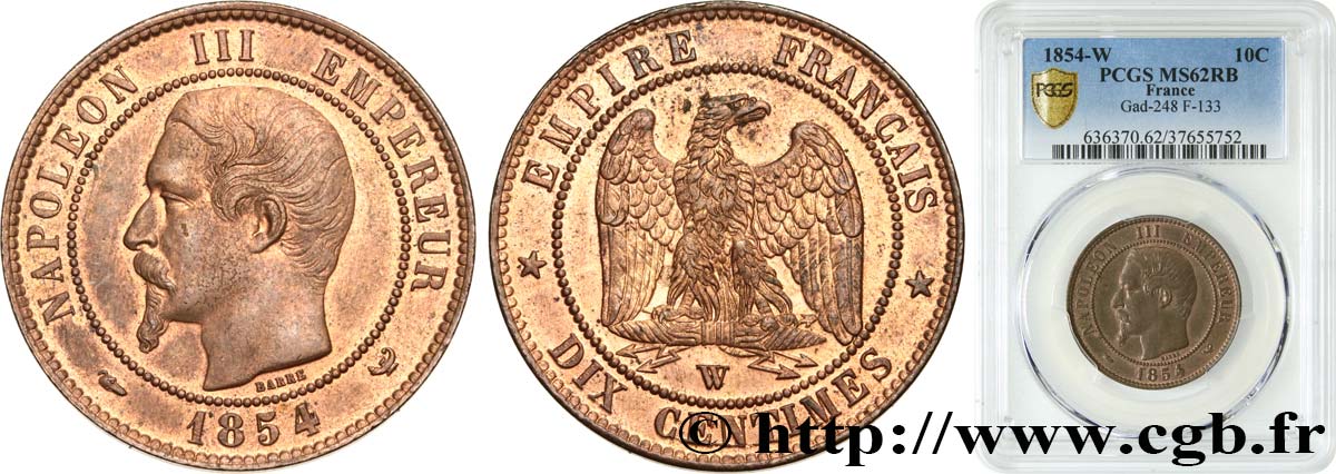 Dix centimes Napoléon III, tête nue 1854 Lille F.133/17 SUP62 PCGS