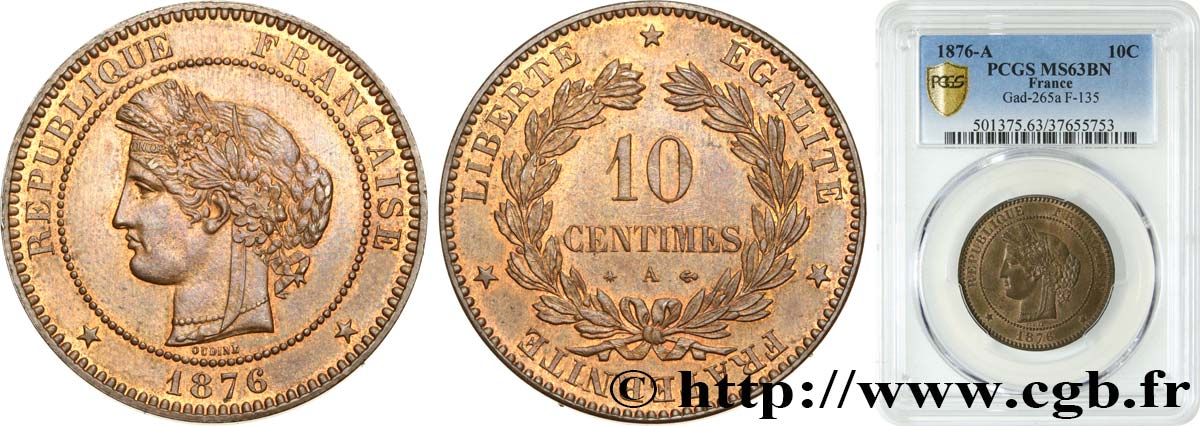 10 centimes Cérès 1876 Paris F.135/16 SC63 PCGS