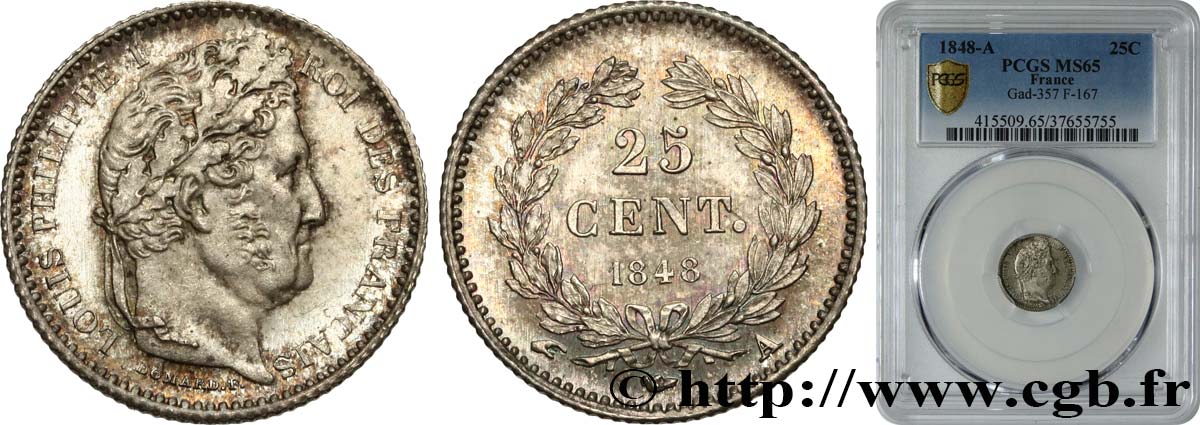 25 centimes Louis-Philippe 1848 Paris F.167/12 MS65 PCGS