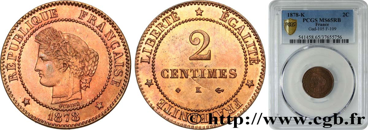 2 centimes Cérès 1878 Bordeaux F.109/4 MS65 PCGS