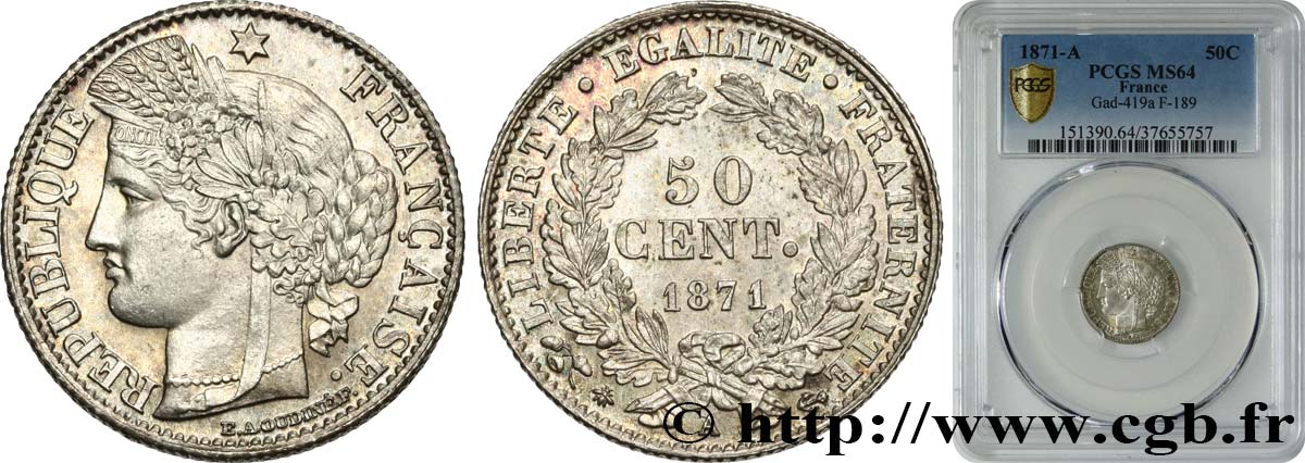 50 centimes Cérès, IIIe République 1871 Paris F.189/1 SPL64 PCGS