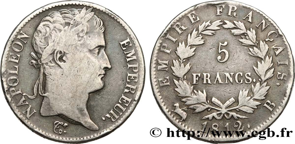 5 francs Napoléon Empereur, Empire français 1812 Rouen F.307/42 TB20 