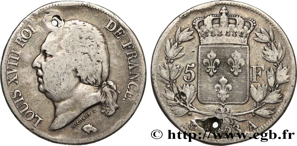 5 francs Louis XVIII, tête nue 1823 Paris F.309/76 q.B 