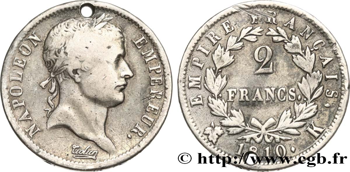 2 francs Napoléon Ier tête laurée, Empire français 1810 Bordeaux F.255/16 VG 