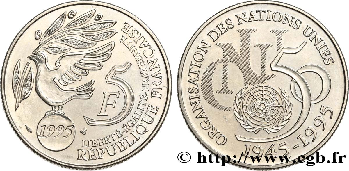 5 francs Cinquantenaire de l’ONU 1995 Pessac F.345/1 MS60 