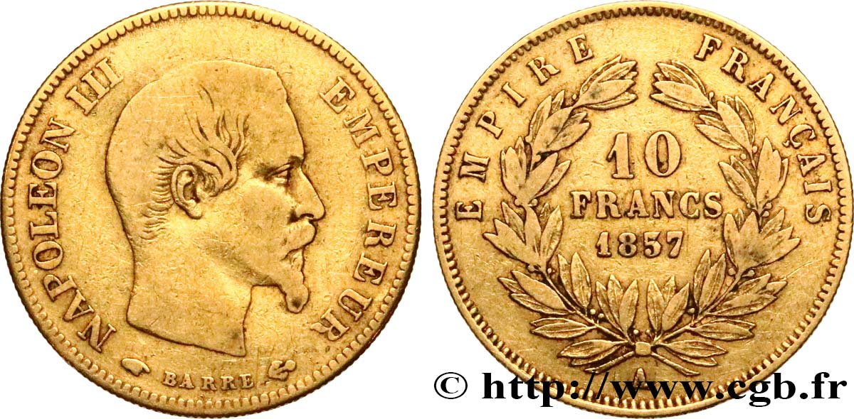 10 francs or Napoléon III, tête nue 1857 Paris F.506/4 TB25 