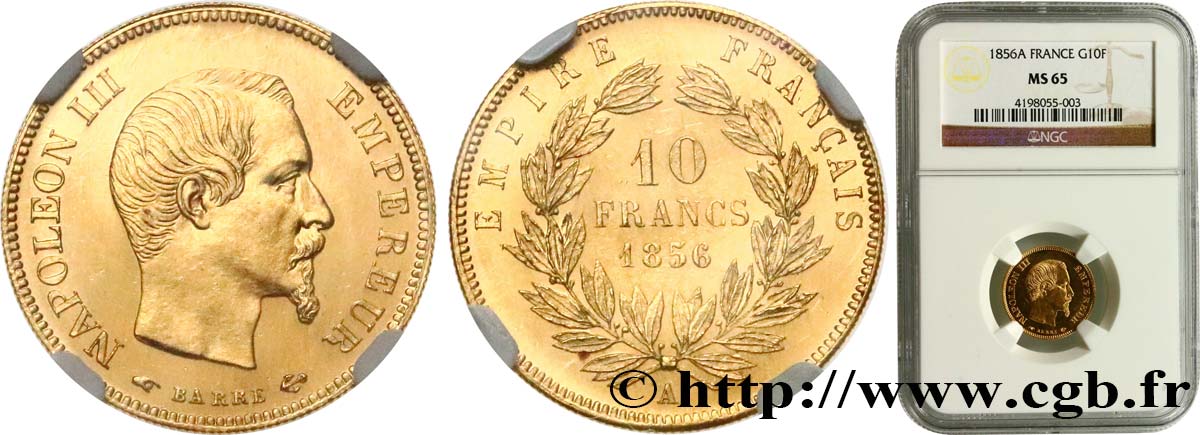 10 francs or Napoléon III, tête nue 1856 Paris F.506/3 MS65 NGC