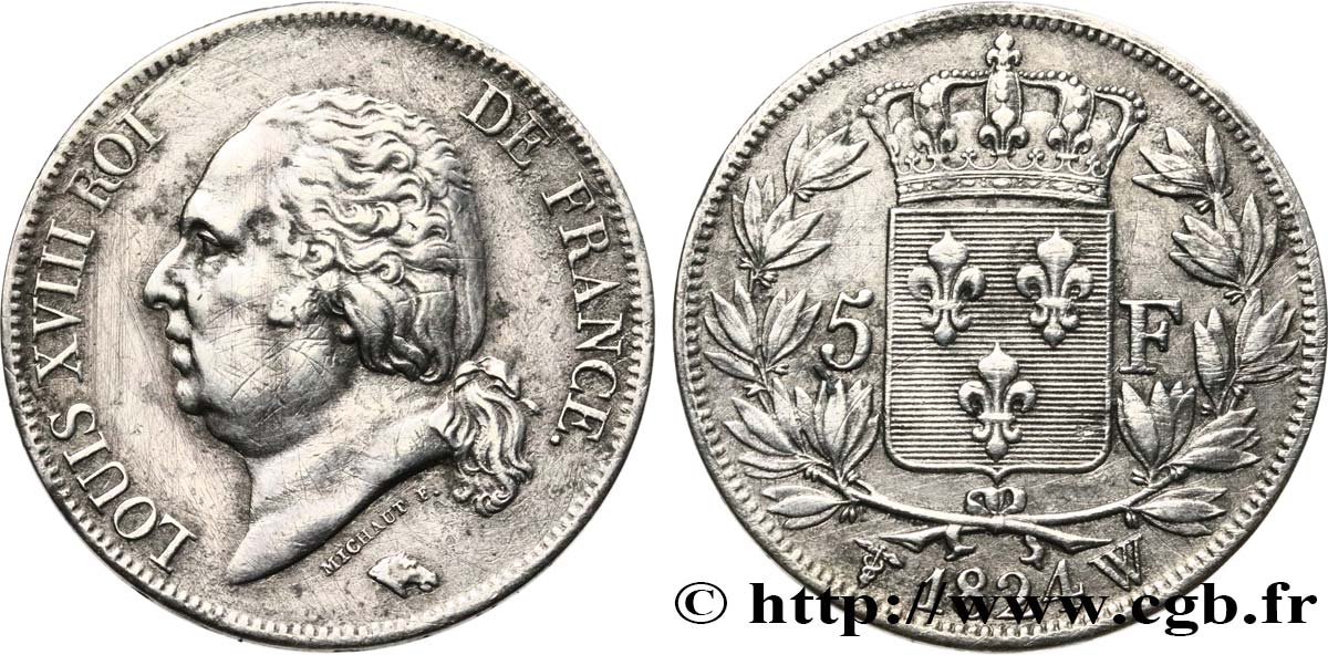 5 francs Louis XVIII, tête nue 1824 Lille F.309/98 MBC 
