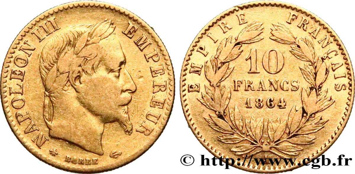 10 francs or Napoléon III, tête laurée, type définitif à grand 10 1864 Paris F.507A/6 TB30 