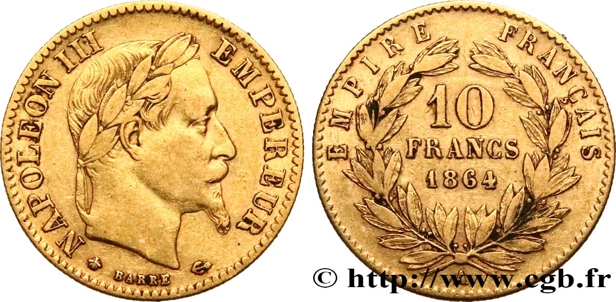 10 francs or Napoléon III, tête laurée, type définitif à grand 10 1864 Paris F.507A/6 TB35 