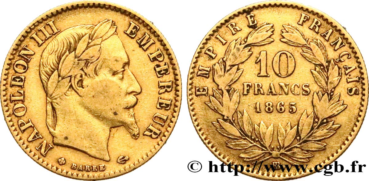 10 francs or Napoléon III, tête laurée 1865 Strasbourg F.507A/10 TB35 
