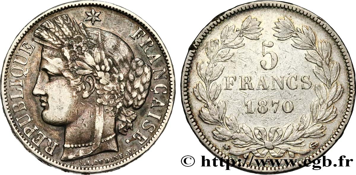 5 francs Cérès, sans légende 1870 Paris F.332/1 fSS 