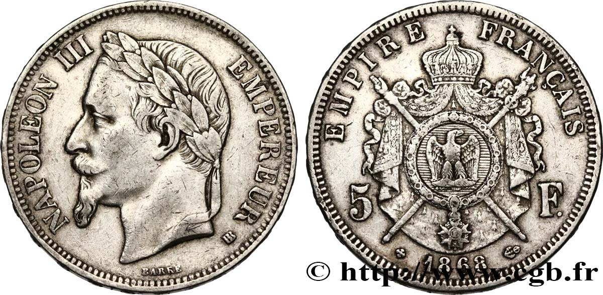 5 francs Napoléon III, tête laurée 1868 Strasbourg F.331/13 VF 