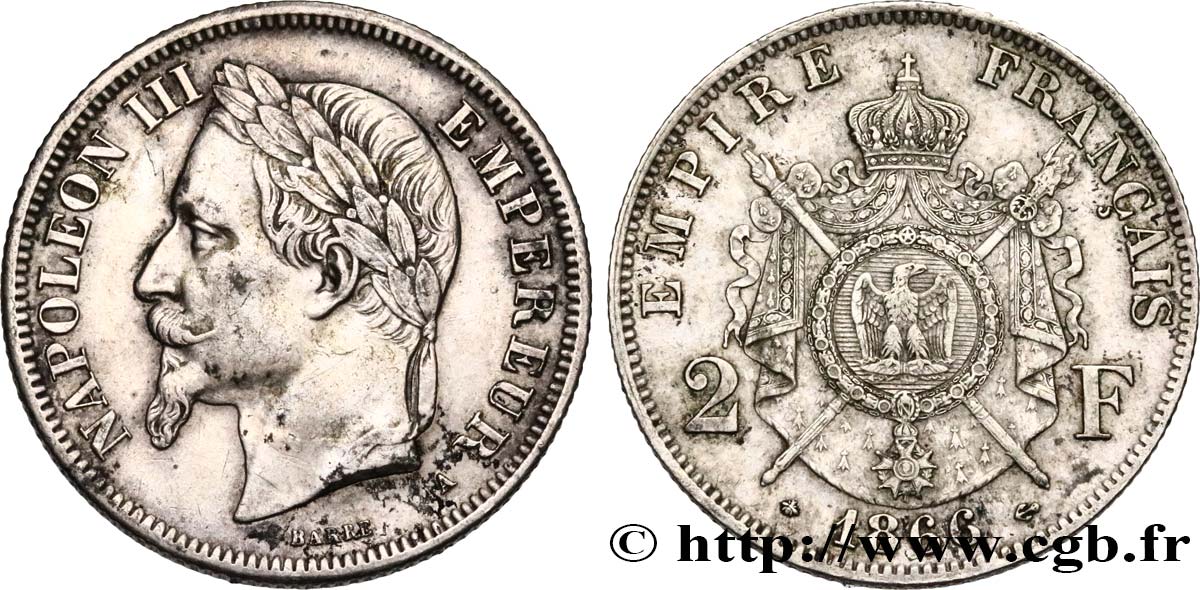 2 francs Napoléon III, tête laurée 1866 Paris F.263/2 SS 